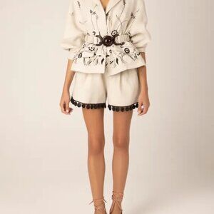 Sylvia Tcherassi Natural Linen Giorgio Short Tie Waist Black Trim Hem Size M